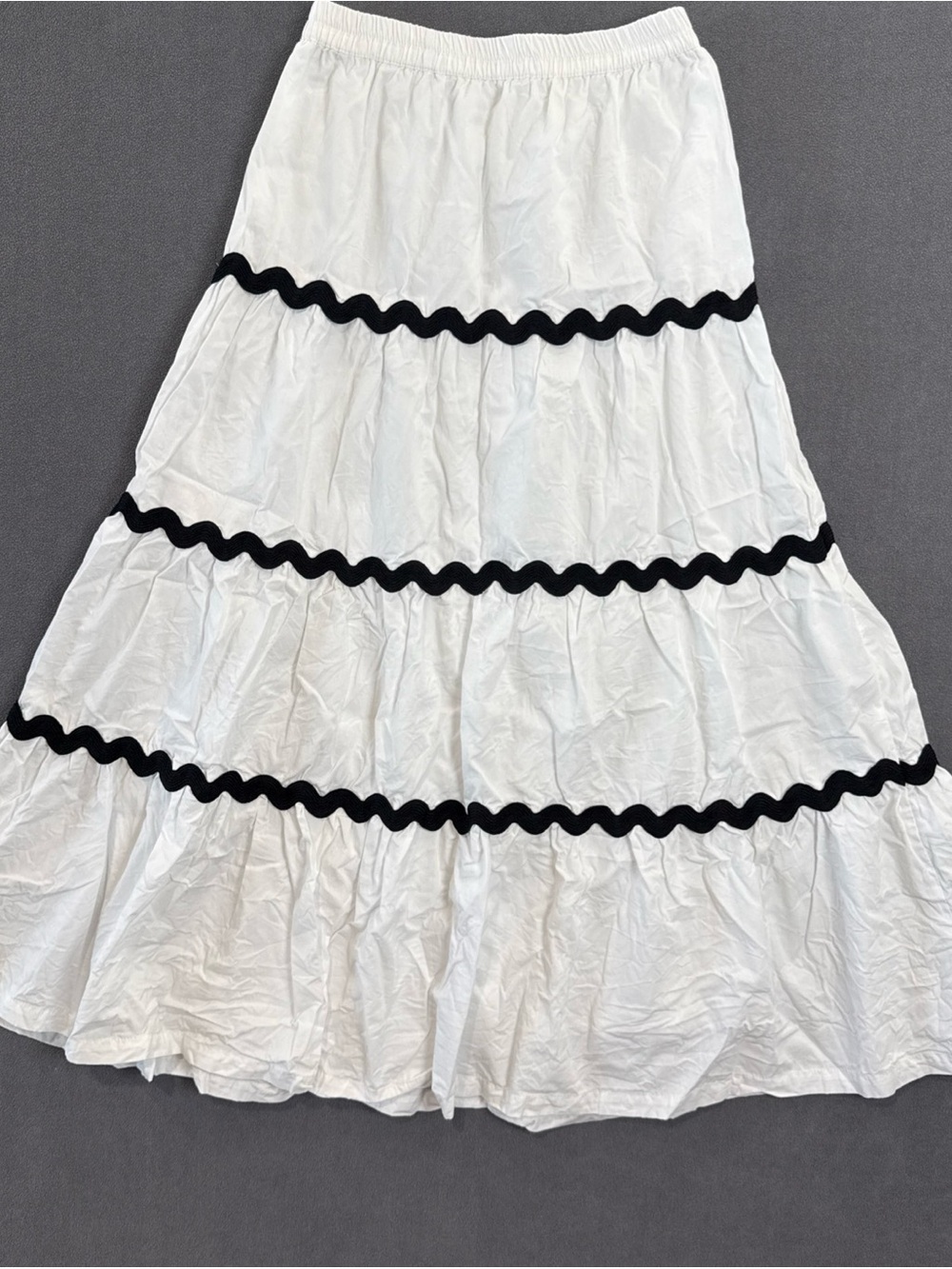Japna White Tiered Maxi Skirt White with Black Rickrack Trim Size Small